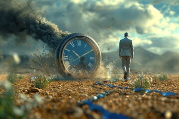 A businessman trying to slow down time with a giant smoking clock.    - obrazy, fototapety, plakaty