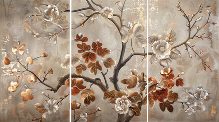 3 Panel Wall Art, Ivory Silk with Bronze and Silver Botanical Patterns