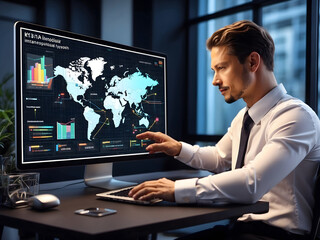Fototapeta premium Businessmen touch automated data management systems to create reports with KPIs and indicators connected to the database. Data analysis with intelligent AI robot technology in business analysis