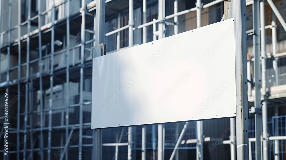 Poster blank white banner for advertisement on a fence of a building under construction : generative ai