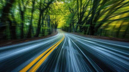A blurry image of a road with yellow lines and trees in the background