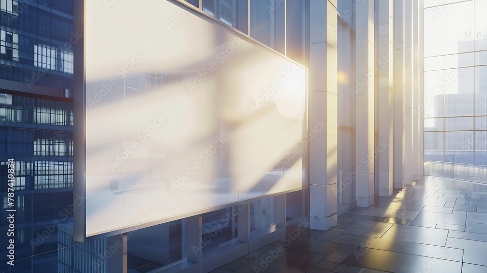 Poster blank billboard on glassy wall of business center mock up 3d render : generative ai
