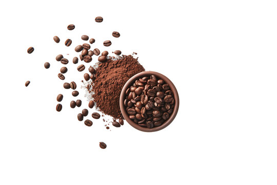 Minimalist simple plain cup with cofe beans and melted coffee, 3d illustration isolated on transparent background. Cutout png flat lay top view mockup with copy text 