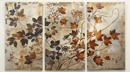 3 Panel Wall Art, Ivory Silk with Bronze and Silver Botanical Patterns