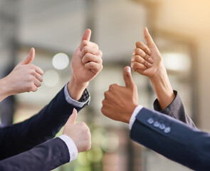 Thumbs up, business and group with hands in air for success or positive feedback, well done and...