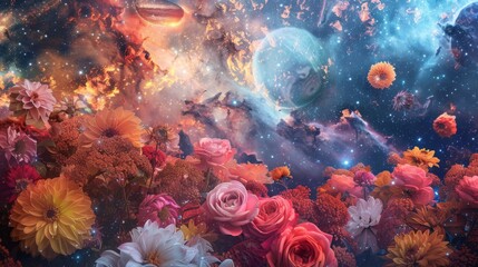 Fototapeta na wymiar Ethereal Floral Cosmos: Dreamy Space Garden with Vibrant Nebulae