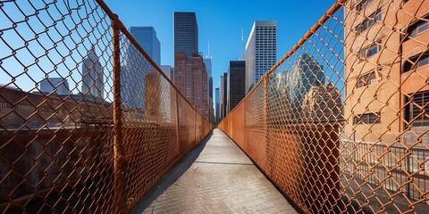 The perspective view of a walkway fenced by rusty chain-link leading to a city skyline, depicting urban exploration