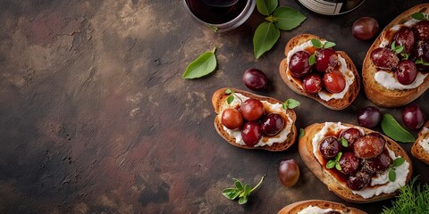 Overhead shot of crostini appetizers topped with grapes beside a glass of wine, symbolizing indulgence and luxury dining