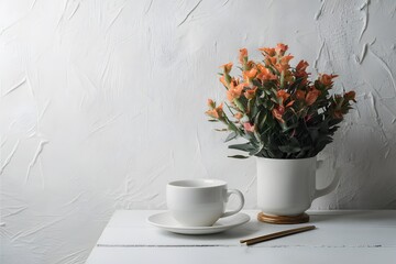 Minimalist elegance white cup on table against white backdrop