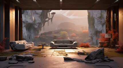 an AI-generated epic interior shot that channels the essence of Horizon Zero Dawn's futuristic landscape into a neo-brutalist home, featuring a solitary sofa as its centerpiece - obrazy, fototapety, plakaty