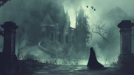 Mysterious cloaked figure approaches a gothic castle, shrouded in fog, creating an atmosphere of eerie solitude. - obrazy, fototapety, plakaty