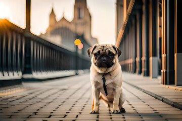 A pug dog on a dirt road with a green background - Powered by Adobe