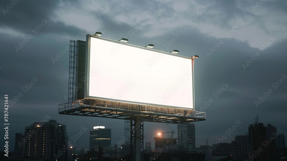 Poster blank white horizontal billboard on skyline background at evening perspective view mock up advertisi