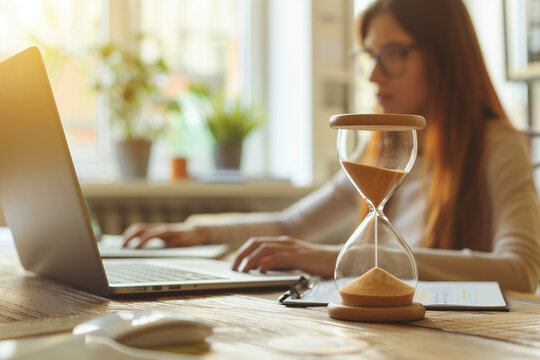 Business woman keeps track of time on an hourglass while working
