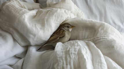 Small, delicate bird finds comfort nestled within the soft folds of a white duvet in a tranquil setting.