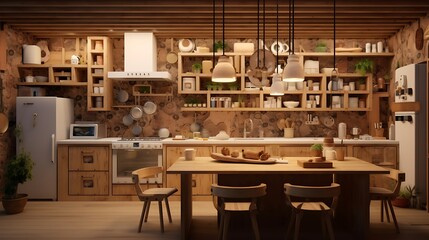 an AI-generated image capturing the essence of a deluxe kitchen, highlighting the aesthetic impact of wooden art on the walls