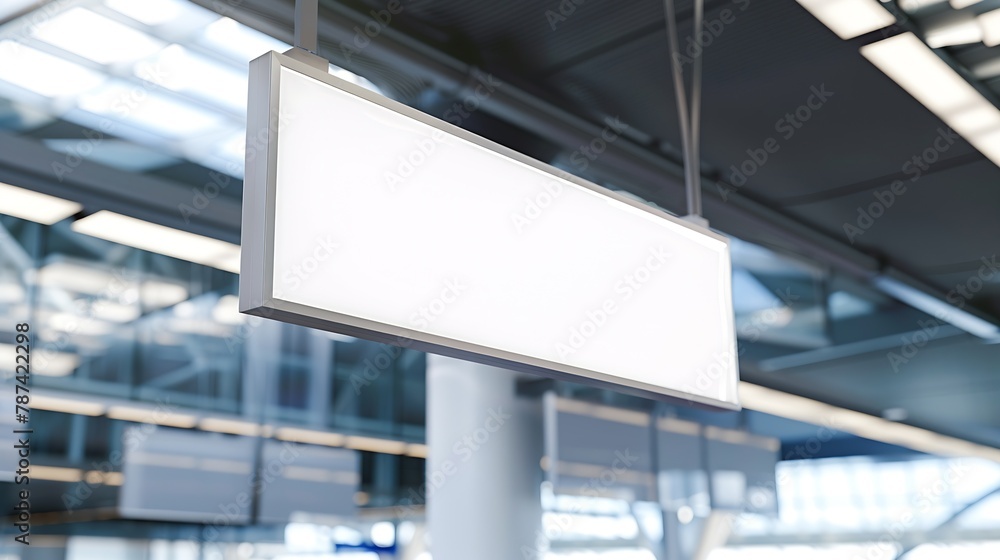 Poster blank white signage suspended from the ceiling in the airport terminal mock up : generative ai