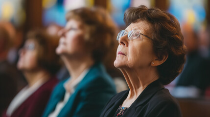 Obraz premium Woman in contemplation looks upwards inside a church, captured in a moment of reflection and spirituality.