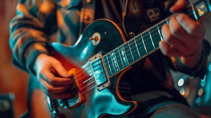 Musician's hands playing electric guitar with a blurred bokeh background in a moody setting.