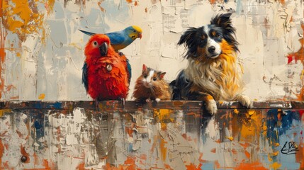 Delight in diversity with a parakeet, guinea pig, and cat perched on a dog, a towering testament to unexpected animal companionship,Abstract expressionism - obrazy, fototapety, plakaty