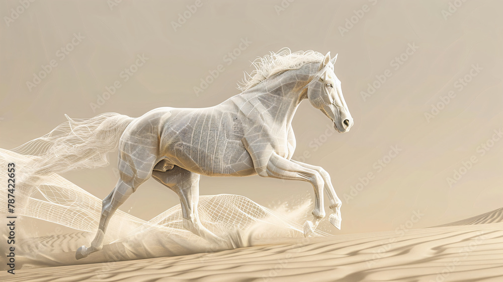 Poster wireframe horse in dynamic motion against desert backdrop. digital artwork for motion graphics and t