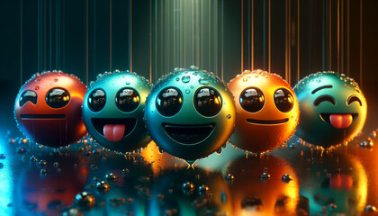 A group of colorful emoticons are shown in a row, with one of them having a tongue sticking out