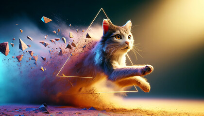 A cat is leaping through a cloud of dust, with a triangular shape in the background