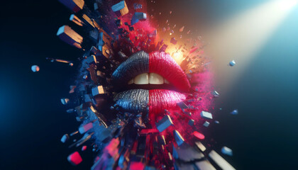 A close up of a woman's lips with a bright pink and blue color scheme - obrazy, fototapety, plakaty