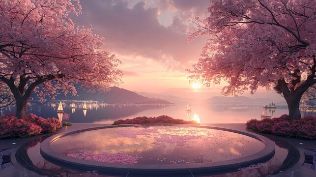 3d cylinder pink platform pedestal for product shelf mockup display. Empty podium display for presentation, flowered trees, lotus flowers, sailing boats, sunrise in background