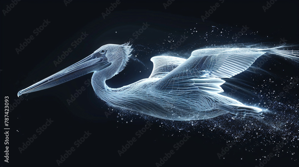 Poster luminous wireframe pelican in flight with starry background. conceptual digital art representing avi