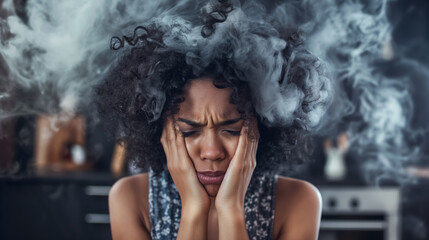 Woman holding her head in frustration as smoke rises around her, suggesting a cooking mishap or overwhelming stress. - obrazy, fototapety, plakaty