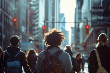 Fototapeta premium a diverse group of people walks along the streets of a futuristic city, captured from behind with an over-the-shoulder perspective 