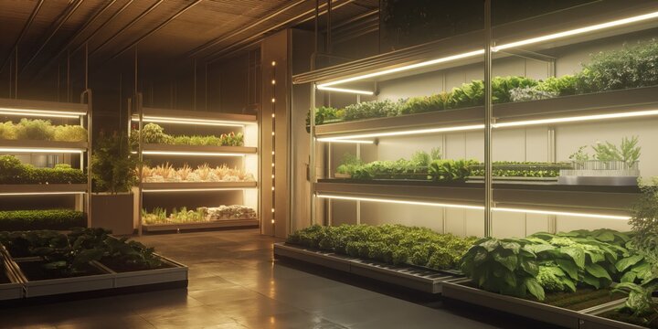 This image showcases an indoor vertical farm with layers of plants basking in the artificial glow of LED lights, depicting modern farming techniques