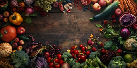 A top-down view shows a wooden surface covered in a variety of fresh, colorful fruits and vegetables, symbolizing health and abundance