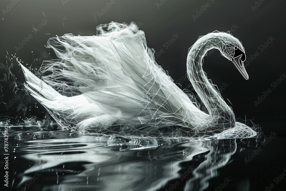 Poster swan in wireframe landing on water with splashing effect. 3d render for dynamic nature simulations a