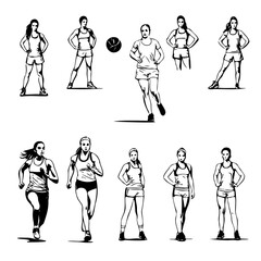 A series of black and white drawings of women playing sports. The drawings are of different poses and positions, with some women running and others holding sports balls