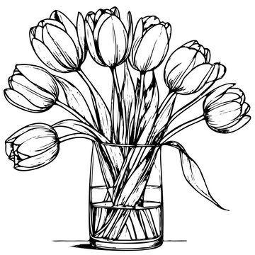 recommend clip art: A bouquet of tulips in a vase. The flowers are arranged in a way that they are all facing the same direction, giving the impression of a single flower. The vase is clear