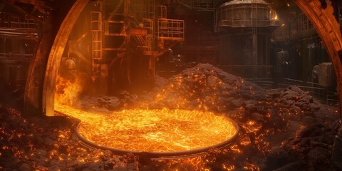 The glowing, molten metal resembles a lava pit, contained within an industrial foundry setting - obrazy, fototapety, plakaty