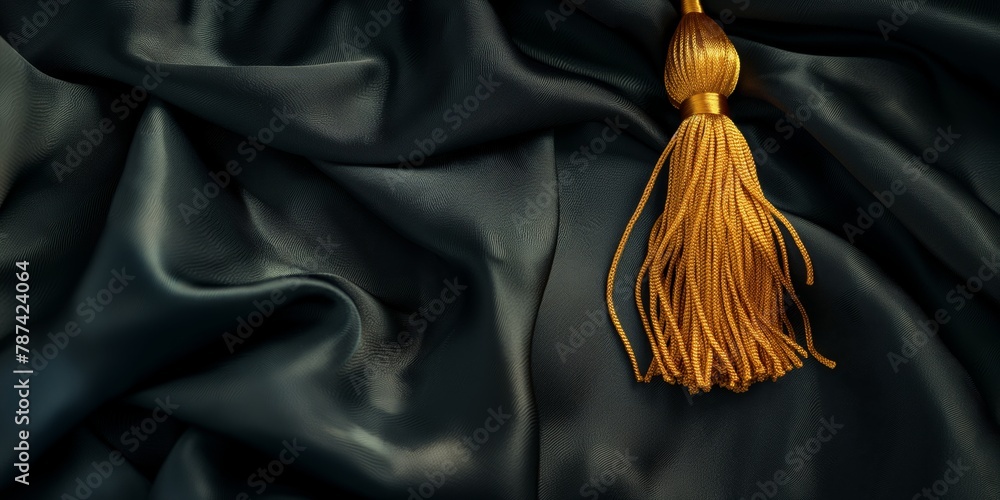 Sticker A luxurious high-resolution image capturing the smooth texture of black satin fabric complemented by a shiny golden tassel detail - Stickers
