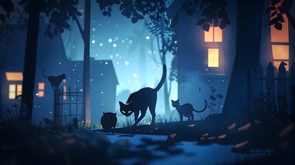 Feline Prowler Navigating the Enchanted Nighttime Forest Landscape