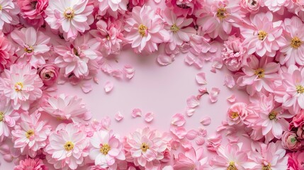 Floral decorative composition on a pink background with cute flowers, top view, copy space. 