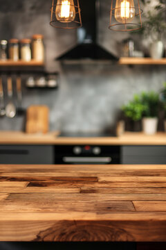 Wooden table top with blurred Asian kitchen interior background, copy space, wide view