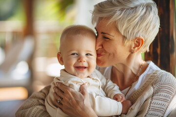 Grandma kisses a baby on the garden terrace