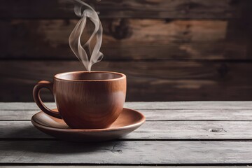 Rustic charm wooden coffee cup on table with steaming drink
