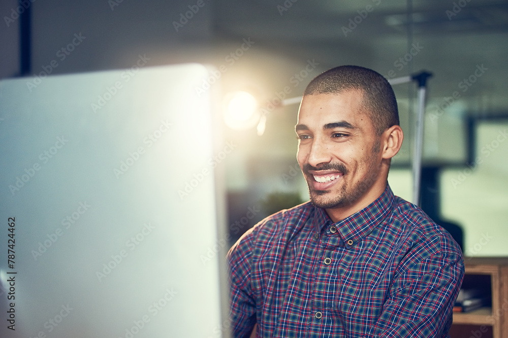 Poster night, business and man with computer, professional and tech with internet and email with good news.