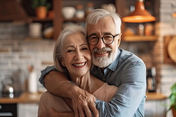 An elderly couple cuddles sweetly in the kitchen