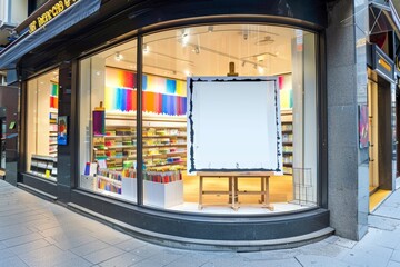Modern art supplies store exterior with vibrant displays and street view
