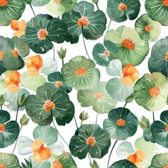 Tranquil Watercolor Nasturtiums Pattern with Lush Greenery