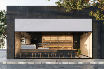 Modern bakery exterior showcasing stylish architecture and inviting storefront with large blank store sign