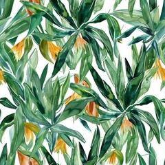 Tropical Greenery and Yellow Flowers Watercolor Pattern